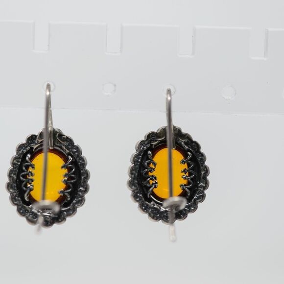 Vintage Sterling Silver & Amber Oval Drop Earrings - Picture 3 of 7